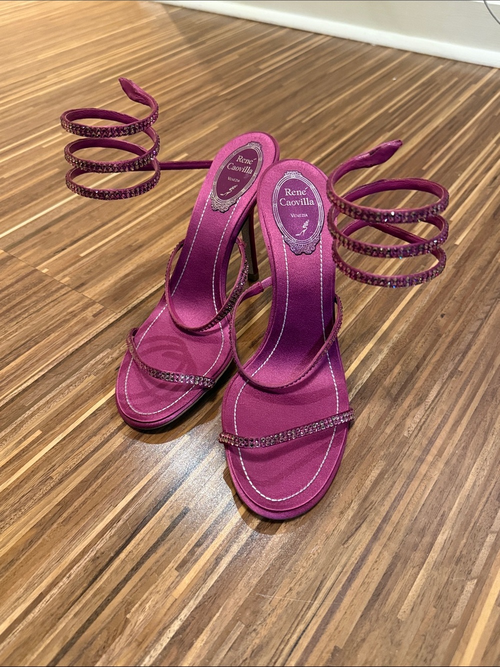 Rene Caovilla Fuchsia Spiral-Strap Satin Heels with Crystal Trim